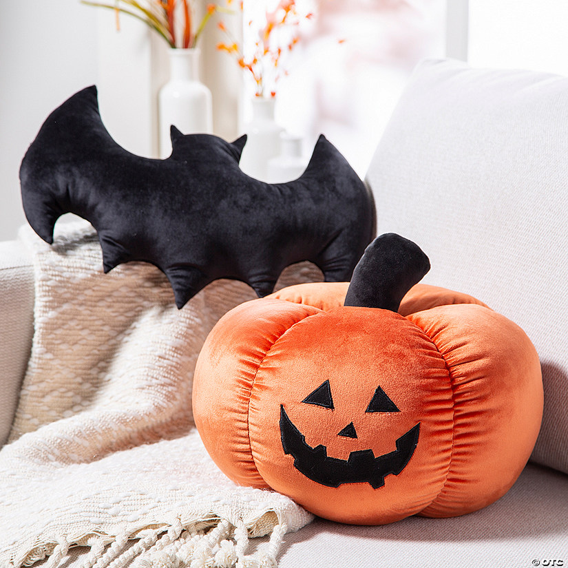 10" Halloween Fuzzy Polyester Jack-O-Lantern &amp; Bat Pillows Set - 2 Pc. Image