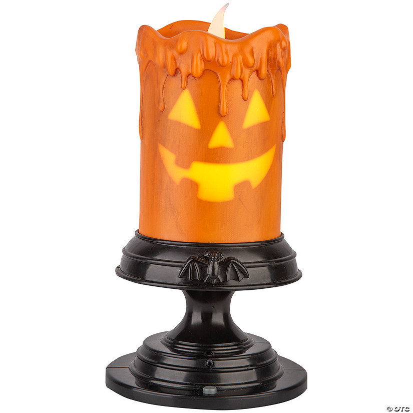 11" EmoteGlow&#8482; Jack-O'-Lantern Orange Musical Pillar Candle Halloween Decoration Image