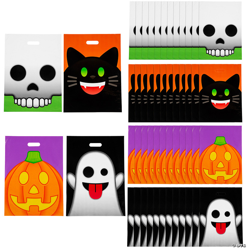 12 1/2" x 17" Bulk Large Halloween Emoji Face Trick-Or-Treat Plastic Goody Bags - 50 Pc. Image