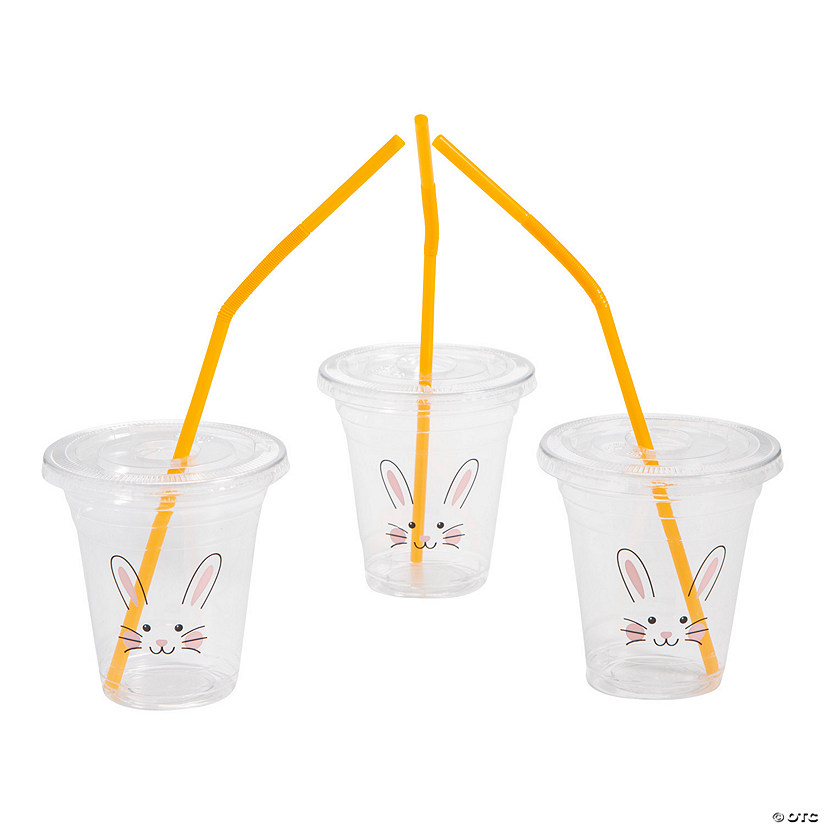 12 oz. Bulk 50 Ct. Clear Easter Bunny Rabbit Disposable Plastic Cups with Lids & Straws Image