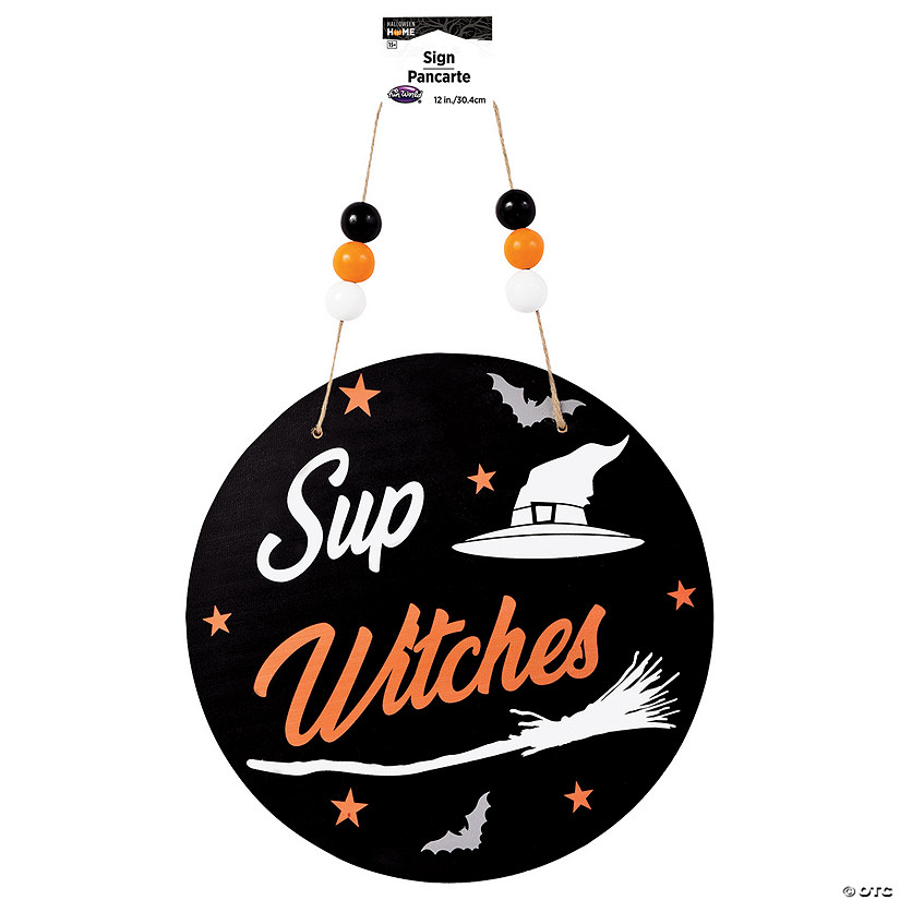 12" Wooden Round Witch Sign Halloween D&#233;cor Image
