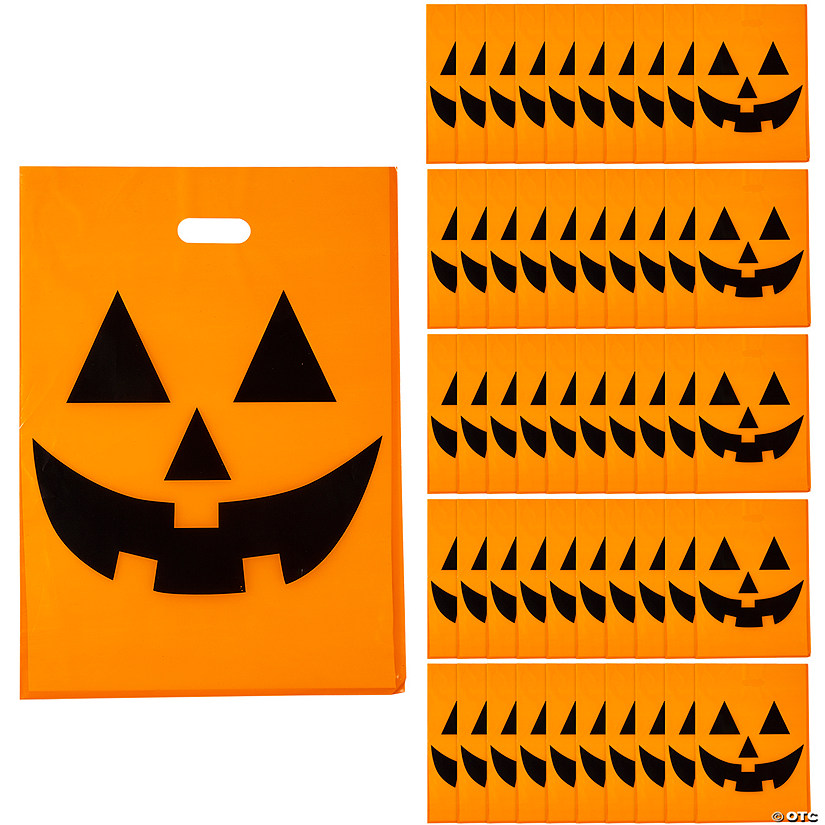 12" x 17" Bulk Large Jack-O&#8217;-Lantern Halloween Plastic Goody Bags - 50 Pc. Image
