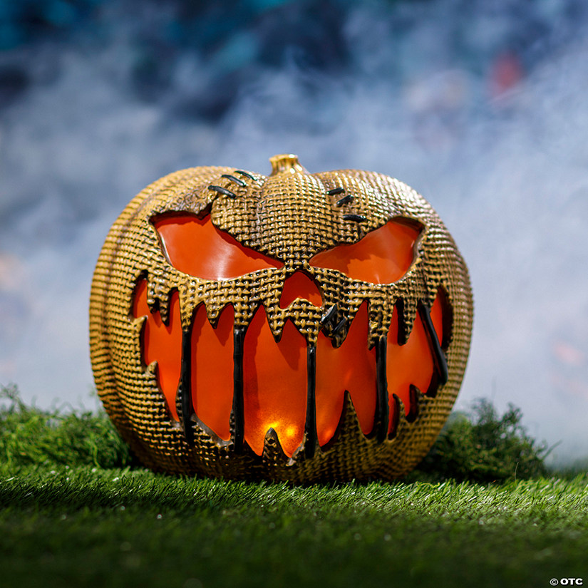 14" Animated Flaming Burlap Pumpkin Halloween Decoration Image