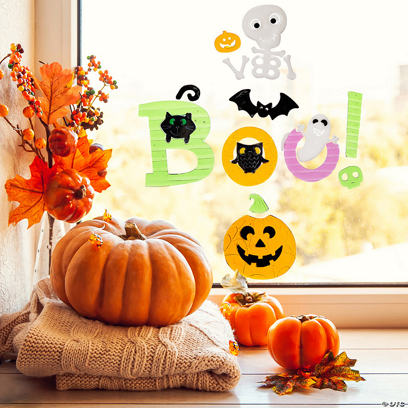 14-Piece Orange and Green &quot;Boo!&quot; Halloween Gel Window Clings Image