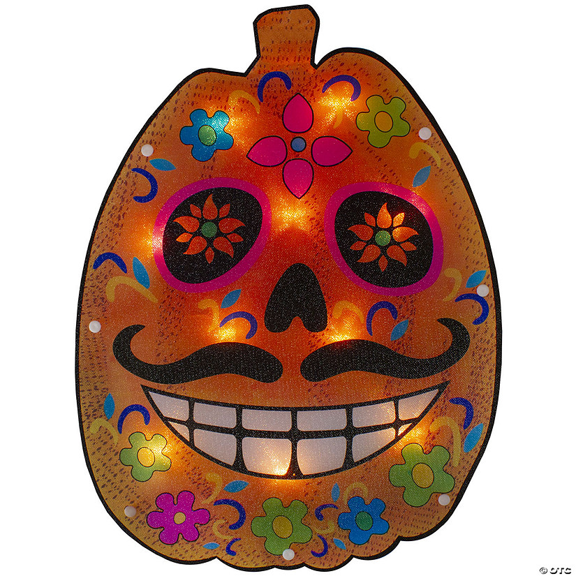 15" Lighted Sugar Skull Pumpkin Halloween Window Silhouette Image
