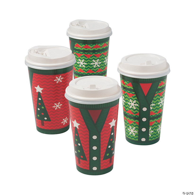 16 oz. Ugly Sweater Red &amp; Green Disposable Paper Coffee Cups with Lids - 12 Ct. Image