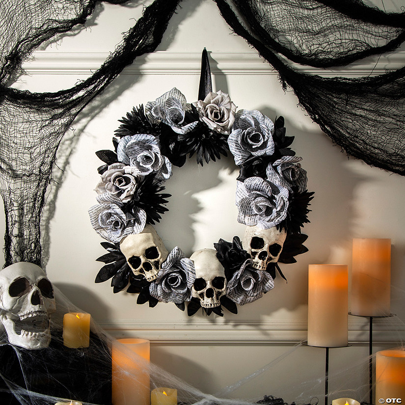 17 1/2" x 17 1/2" White Roses Wreath with Skulls Halloween Decoration Image