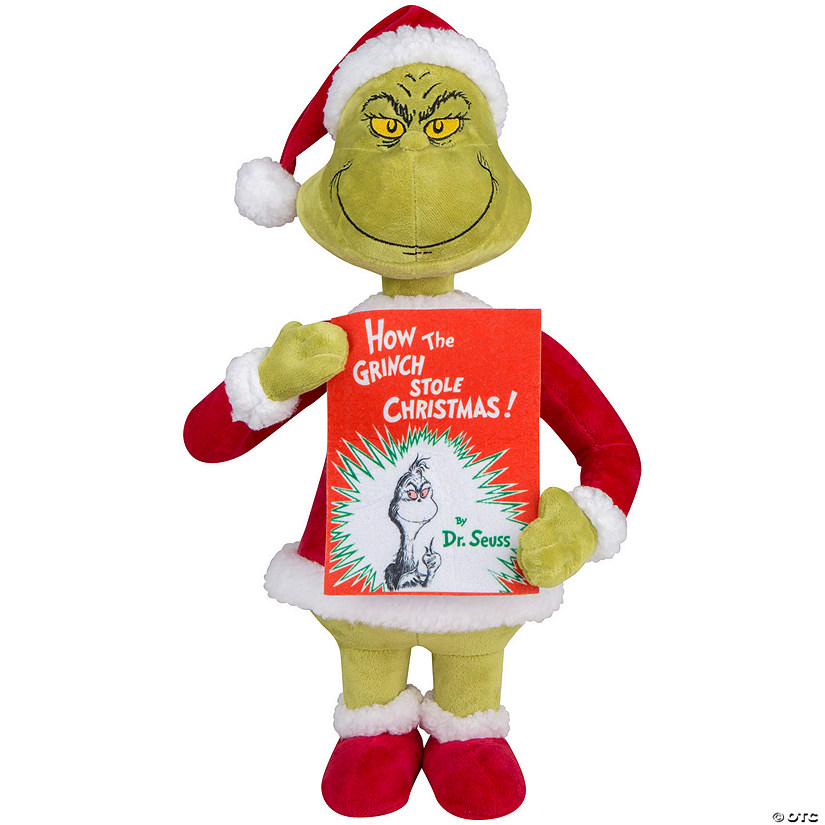 18 1/2" Holiday Greeter Stuffed Grinch in Santa Suit with Dr. Seuss&#8482; Book Christmas Decoration Image