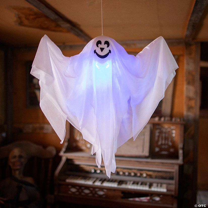 19 3/4" x 20 3/4" Light-Up Smiling Ghost Halloween Hanging Decoration Image