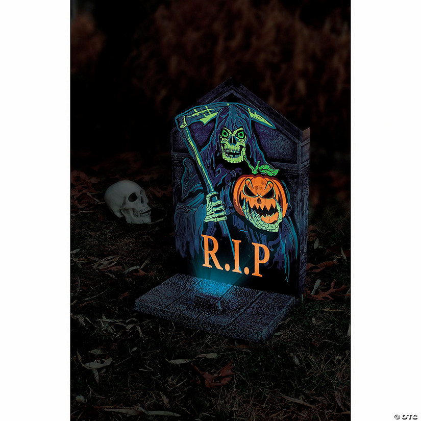 22" Light-Up Neon Reaper Tombstone Halloween Decoration Image