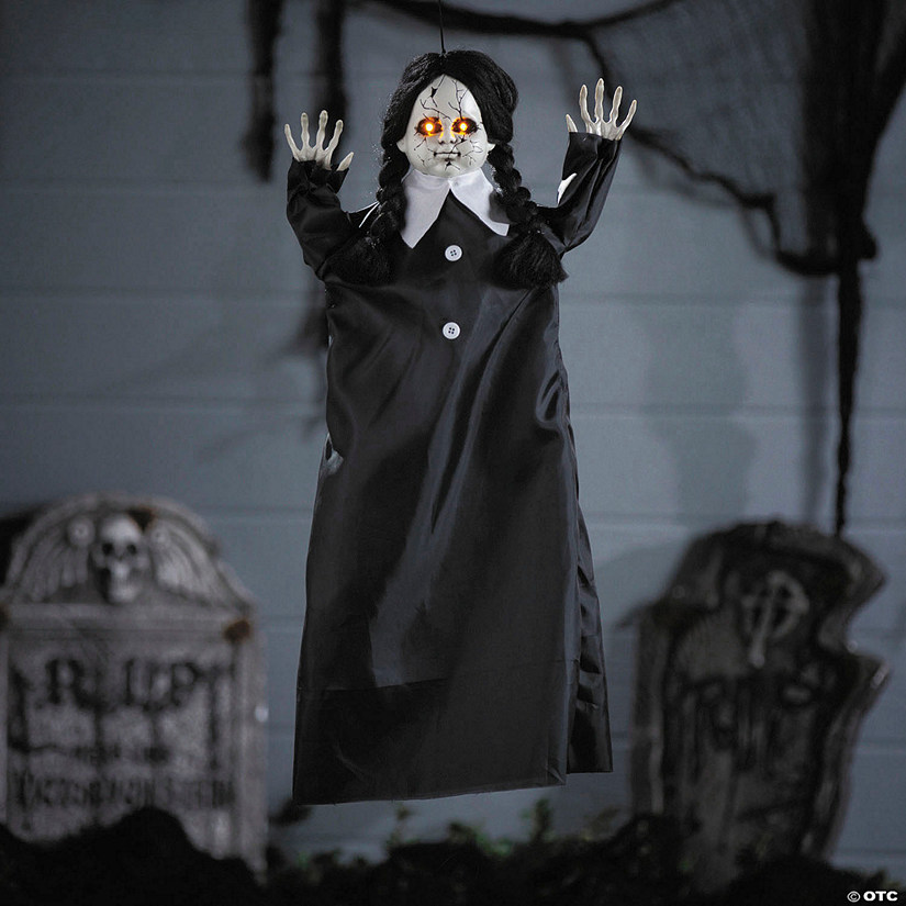 27 1/2&quot; Animated Hanging Cracked Face Doll with Black Dress Halloween Decoration Image