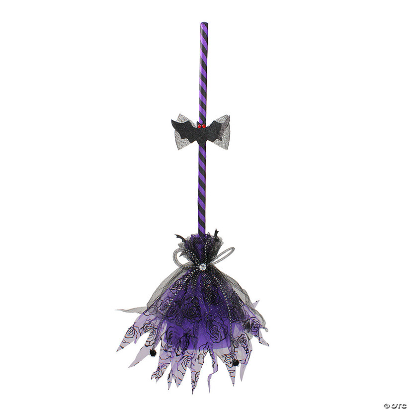 29&quot; Purple and Black Striped Animated Witches Halloween Broom with Bat Accents Image