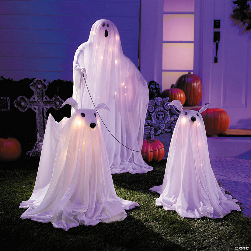 3 Ft. Light-Up White Ghost with Two Ghost Dogs Halloween Decoration Image