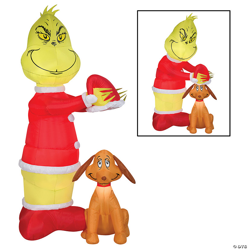 35" Airblown&#174; Animated Grinch Putting Santa Hat on Max Inflatable Christmas Outdoor Yard Decor Image