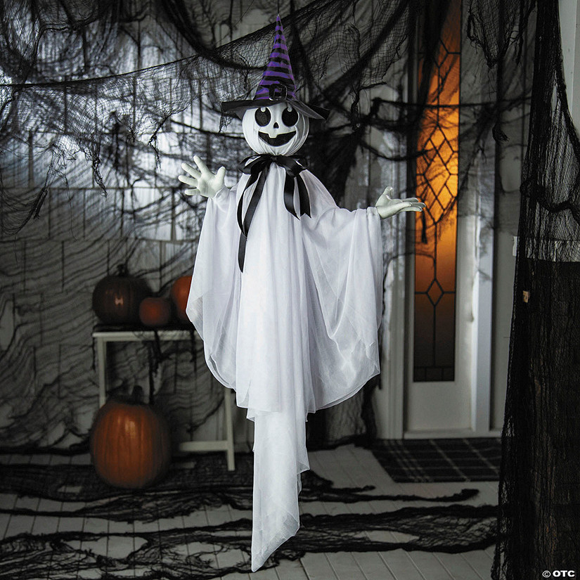 39 1/4&quot; Animated Hanging Smiling Ghost with Witch Hat &amp; Black Bow Halloween Decoration Image