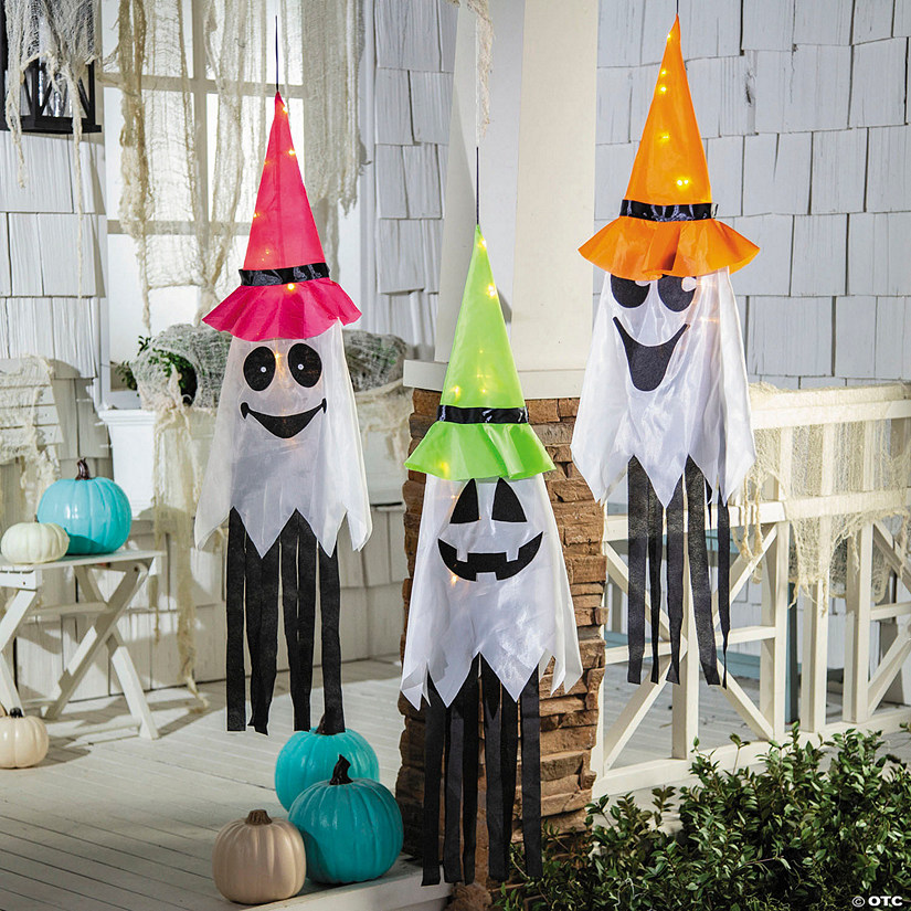 39 1/4" Hanging Light-Up Ghosts with Witch Hats Halloween Decoration - Set of 3 Image