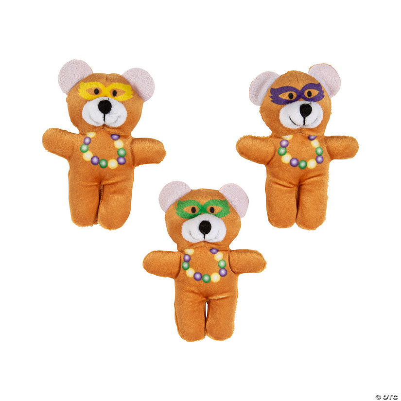 4 1/4" Mini Mardi Gras Stuffed Bears with Mask &amp; Beads - 12 Pc. Image