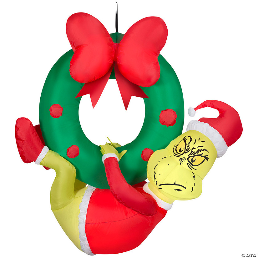 4 Ft. Airblown<sup>&#174;</sup> Blowup Inflatable Grinch Hanging from Wreath with Built-In Lights Christmas Outdoor Yard Decoration Image