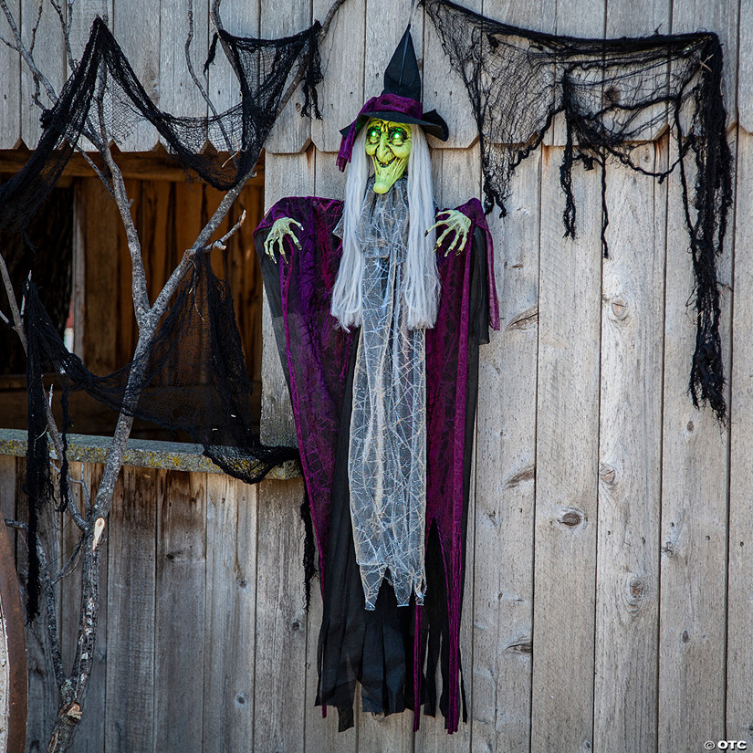 4 Ft. Hanging Animated Witch with Green Eyes Halloween Decoration Image