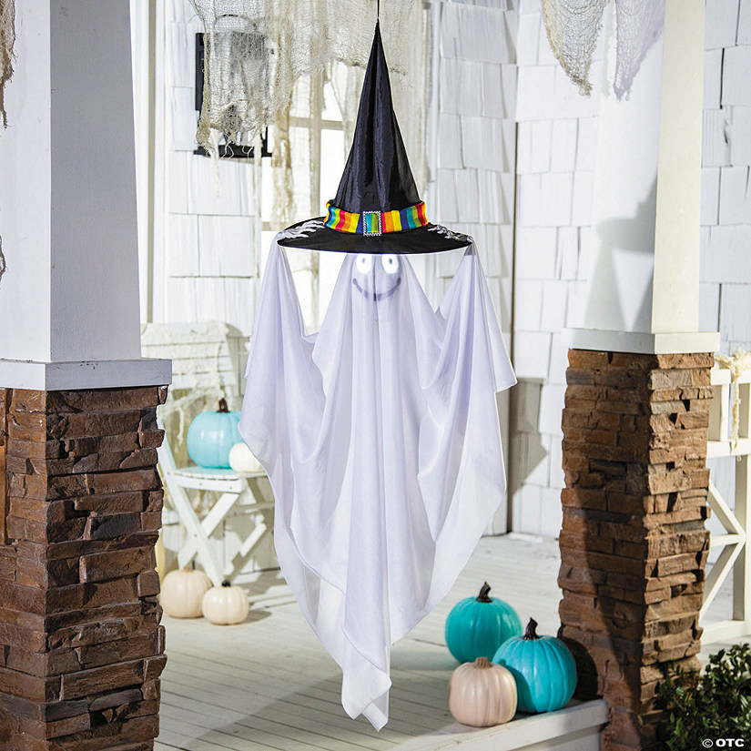 47 1/4&quot; Light-Up Smiling Floating Ghost with Witch Hat Halloween Decoration Image