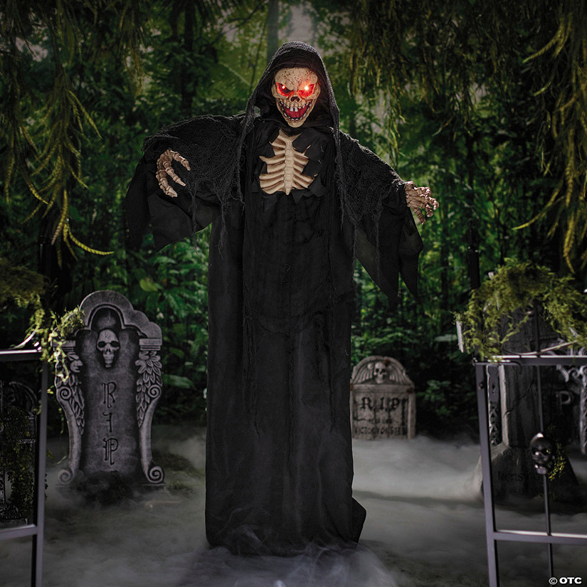 5 Ft. 10 3/4&quot; Animated Standing Skeleton Reaper with Black Cloak Halloween Decoration Image
