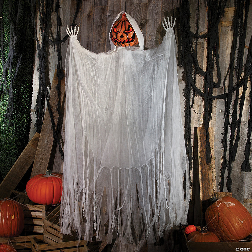 5 Ft. 6" Hanging Animated White Robe Pumpkin Man Halloween Decoration Image