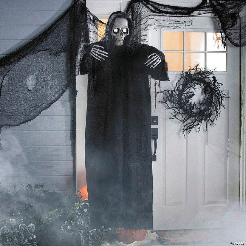 5 Ft. Animated Eyes Hanging Skeleton Reaper with Black Robe Halloween Decoration Image