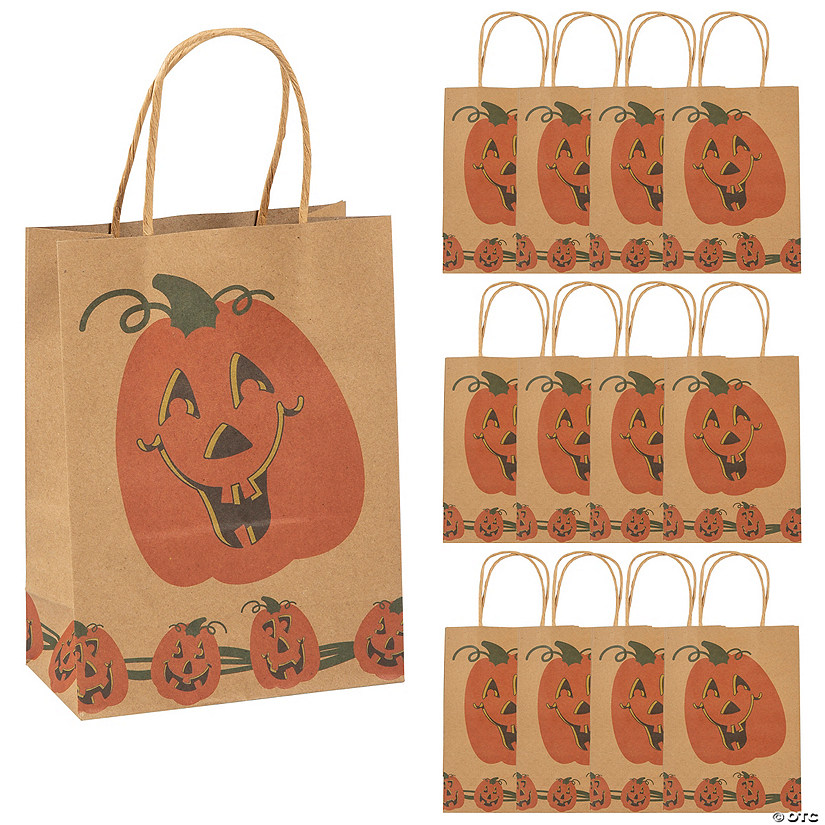 6 1/2&quot; x 3 1/4&quot; x 9&quot; Medium Brown Jack-O&amp;#8217;-Lantern Paper Gift Bags - 12 Pc. Image