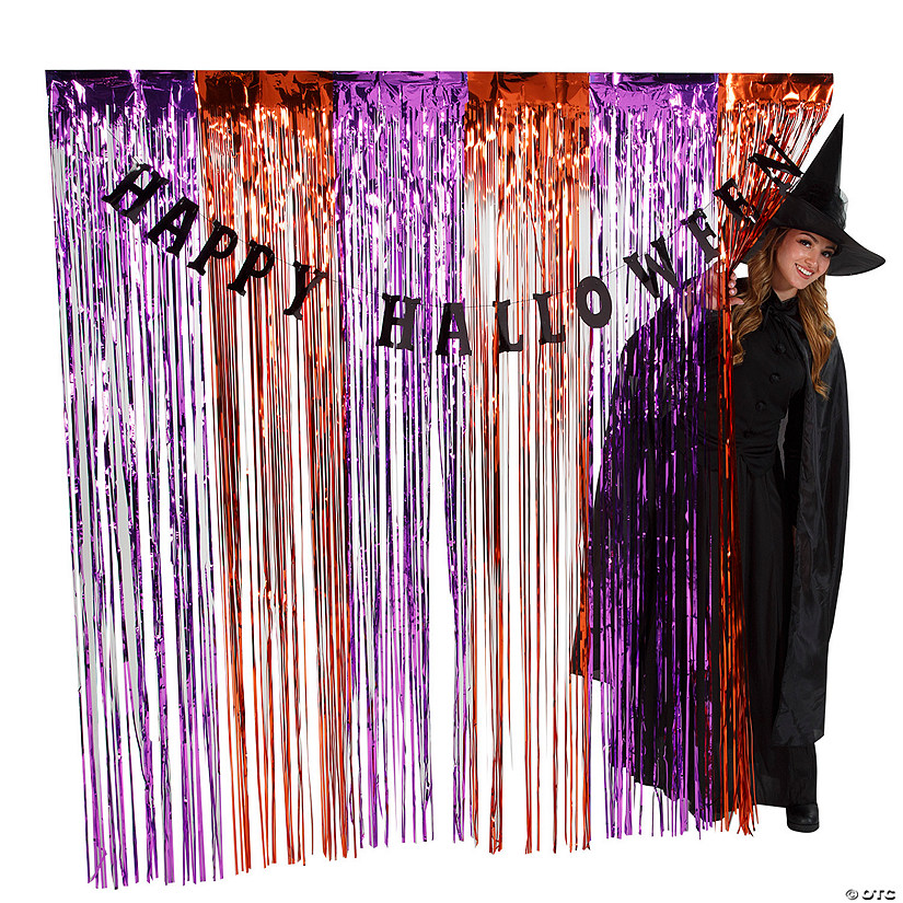 6 Ft. Happy Halloween Purple &amp; Orange Metallic Fringe Backdrop with Black Garland - 2 Pc. Image