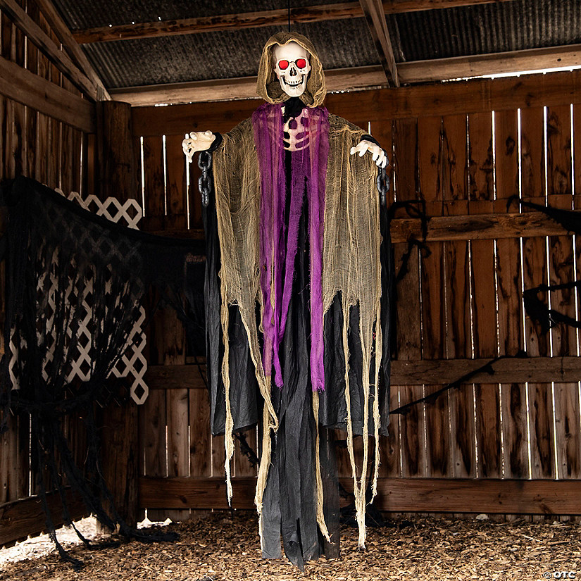 6 Ft. Light-Up Skeletal Reaper in Gray Robes Halloween Hanging Decoration Image