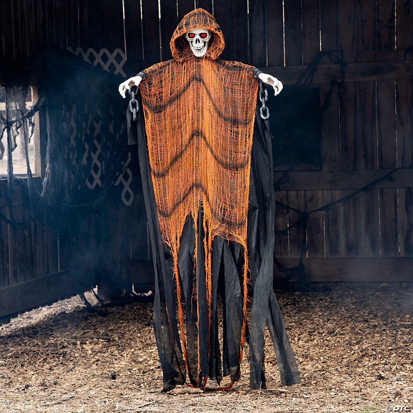 6 Ft. Light-Up Skeletal Reaper in Orange Robes Halloween Hanging Decoration Image