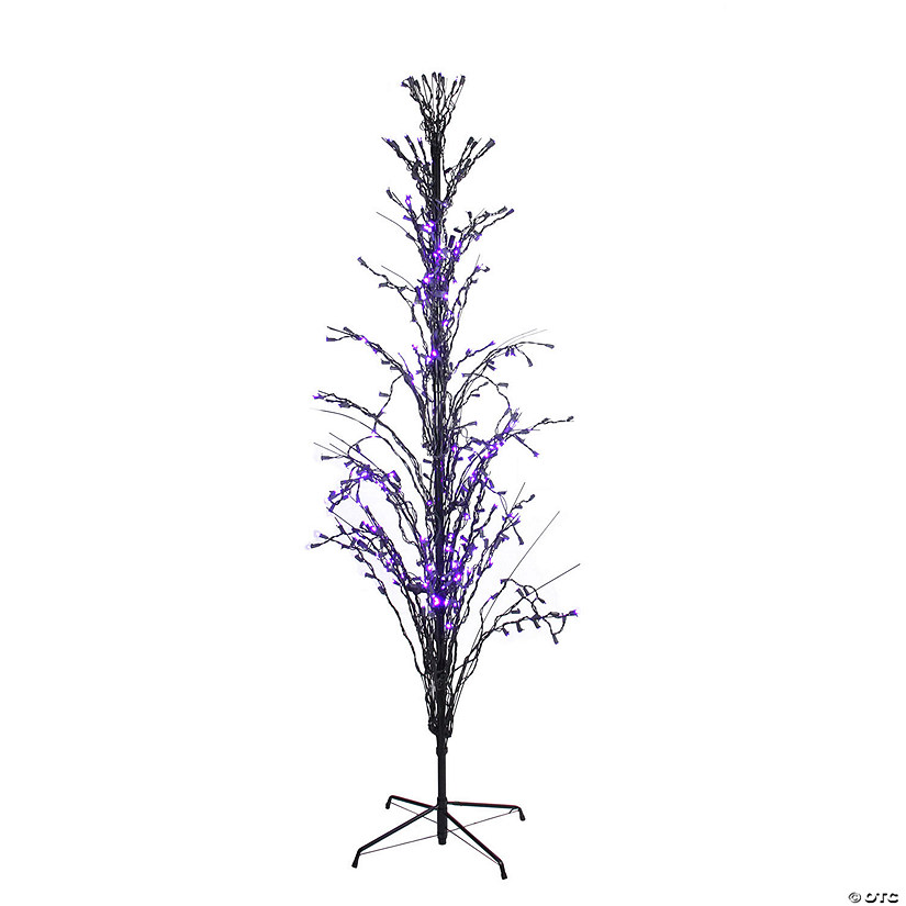 6' Pre-Lit Black Cascade Outdoor Halloween Twig Tree  Purple Lights Image
