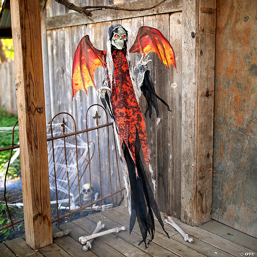 60 1/4" Animated & Light-Up Red Skeletal Reaper with Wings Hanging Decoration Image