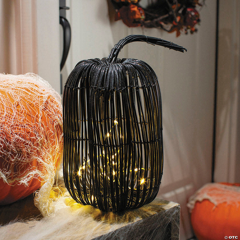 7 3/4" x 15 3/4" Tall Rattan Pumpkin with Yellow Light Strand Halloween Decoration Image