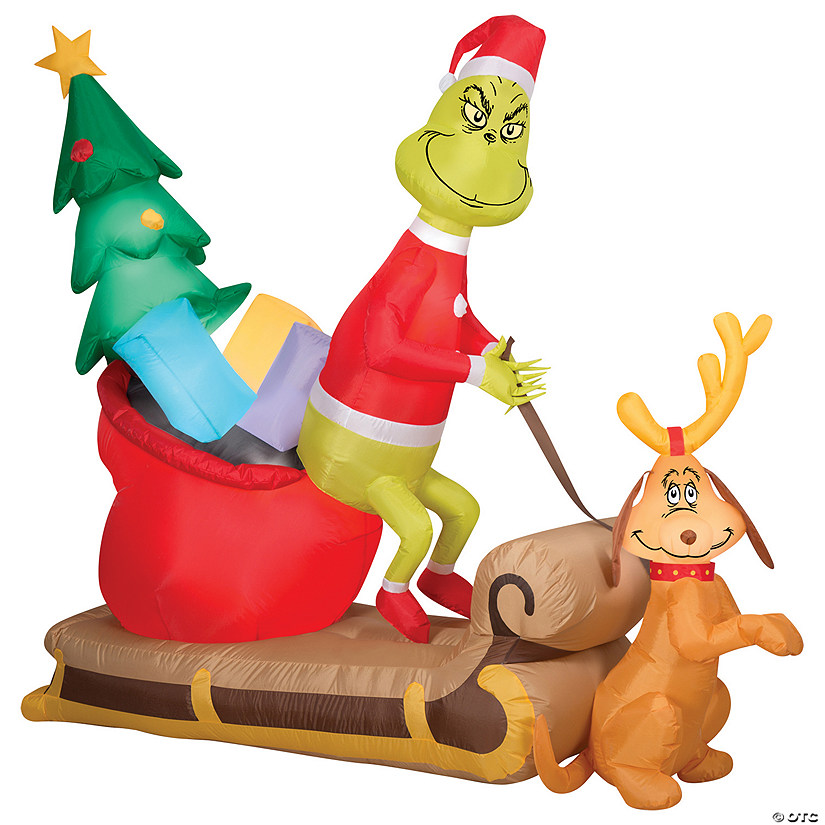 78&quot; Airblown&amp;#174; Grinch and Max With Sleigh Inflatable Christmas Outdoor Yard Decor Image