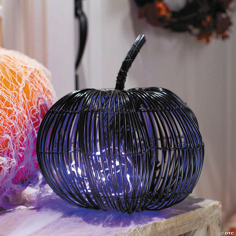 9 1/2" x 9 3/4" Rattan Pumpkin with Purple Light Strand Halloween Decoration Image