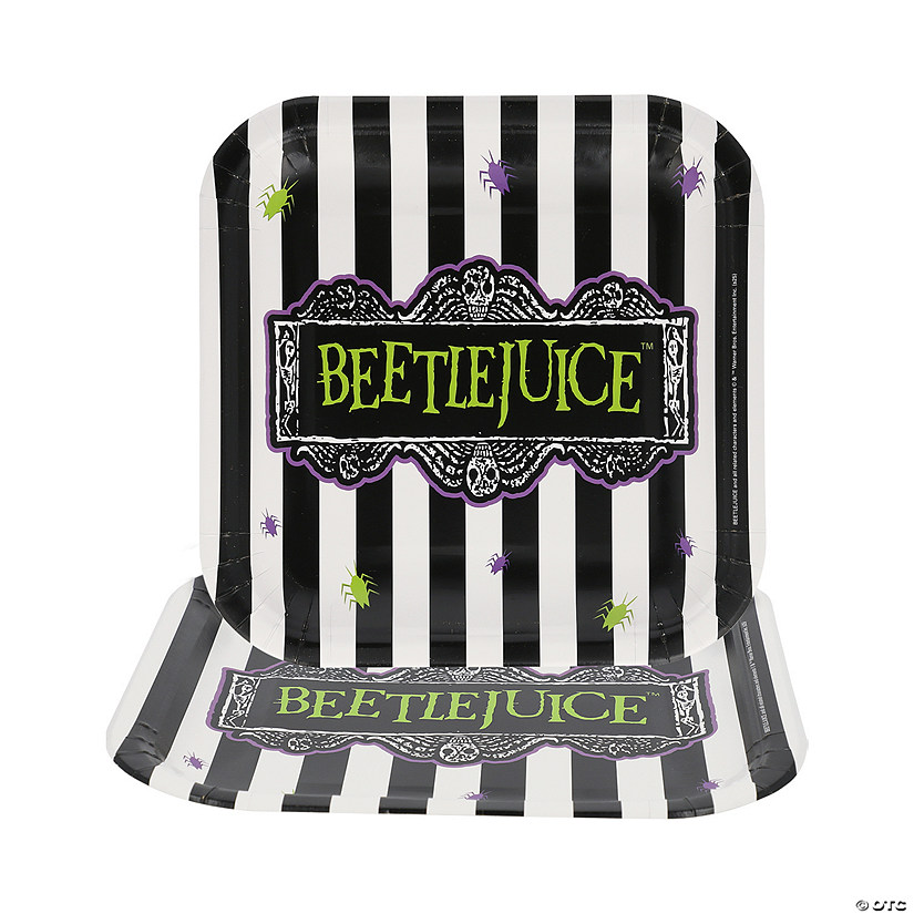 9 1/4&quot; Black &amp; White Striped Beetlejuice&amp;#8482; Square Disposable Paper Dinner Plates &amp;#8211; 8 Ct. Image