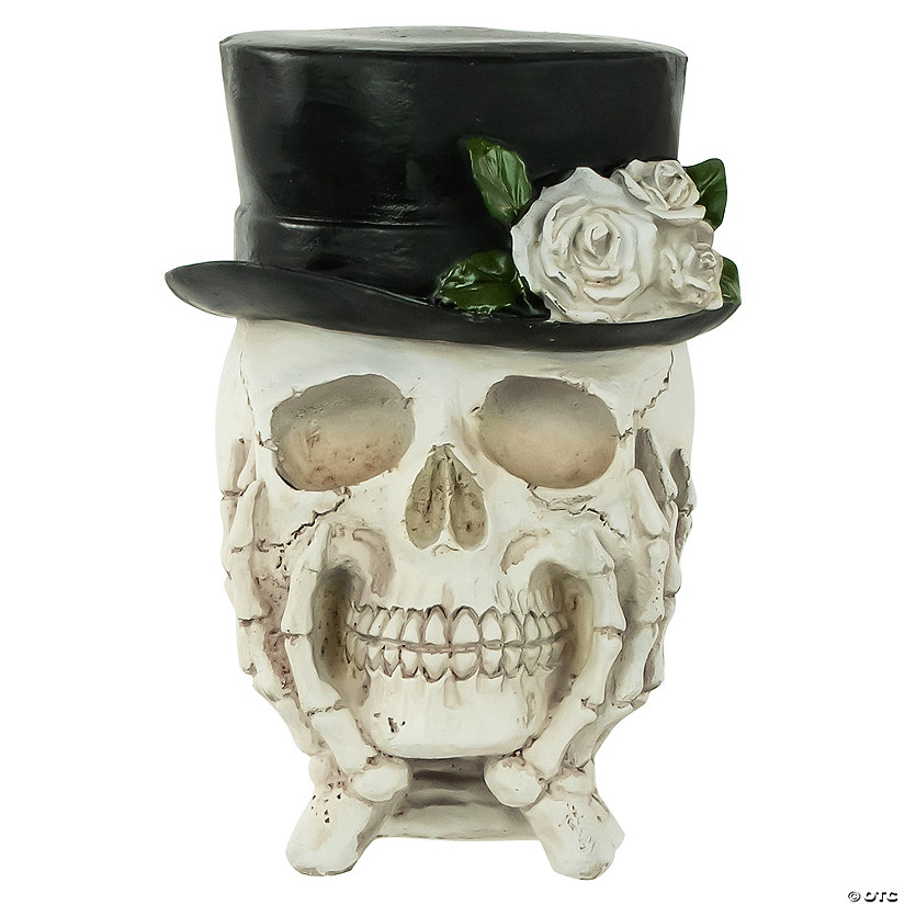 9" Skull with Top Hat and Roses Halloween Decoration Image