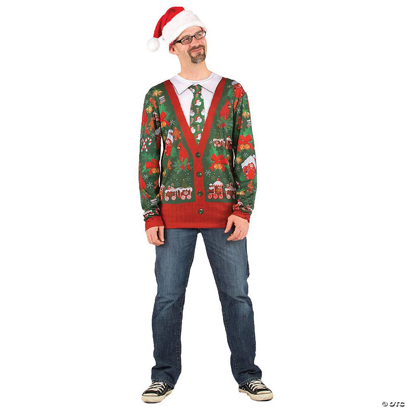 Adult Ugly Christmas Cardigan T-Shirt - Large Image