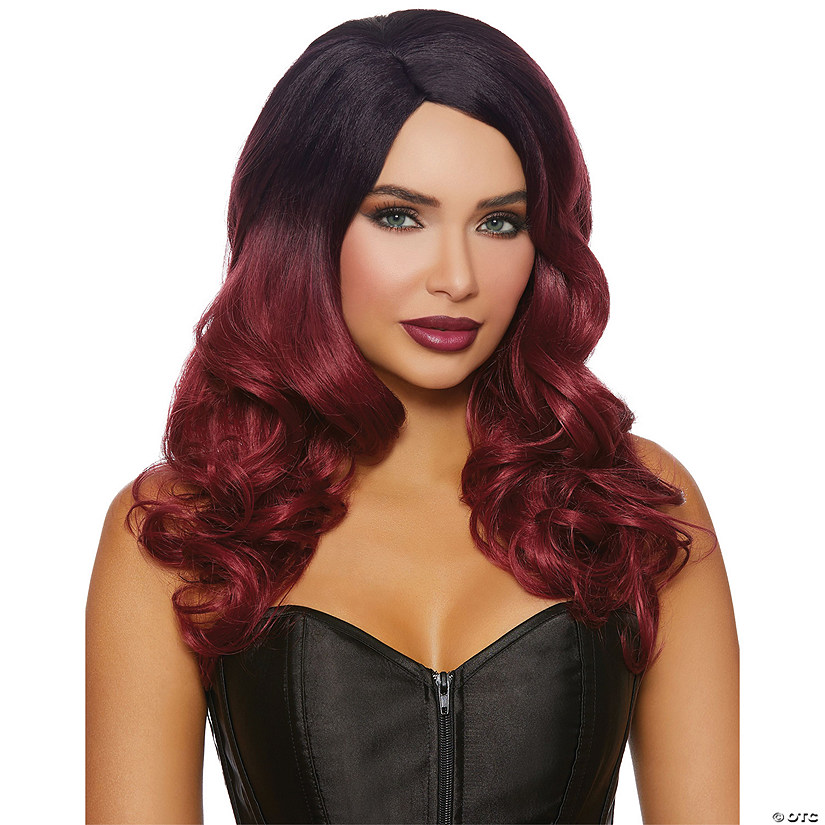 Adults Black & Burgundy Ombre Long Wavy Wig Image