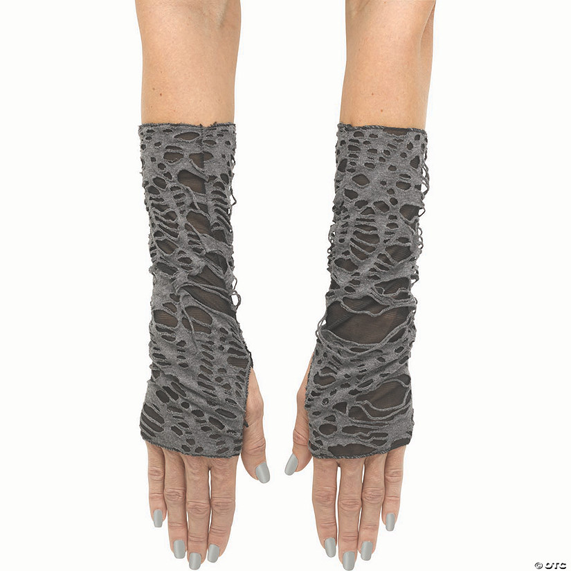 Adults Black &amp; Gray Long Tattered Fingerless Sleevelets Costume Acesssory Image