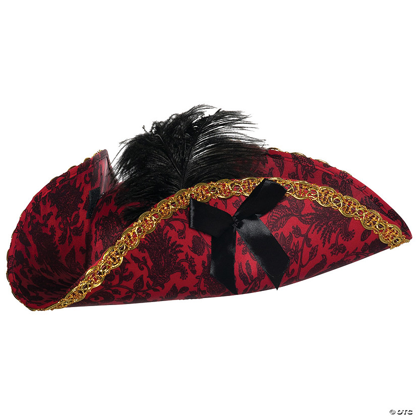 Adults Black & Red Fancy Tricorne Hat with Feather Image