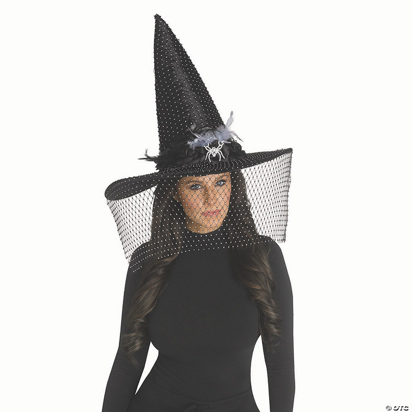 Adults Black Poiyester Witch Hat with Feathers, Spider Bling & Net Veil Costume Accessory Image