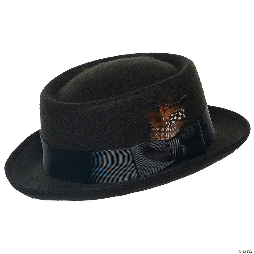Adults Black Pork Pie Hat with Feather Image