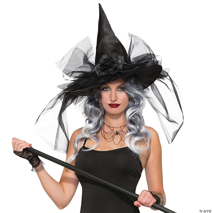 Adult's Black Satin Witch Hat with Tulle Image