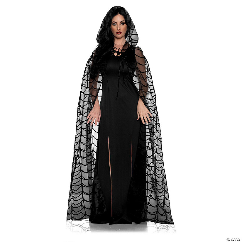 Adults Black Spider Web Hooded Cape - One Size Image