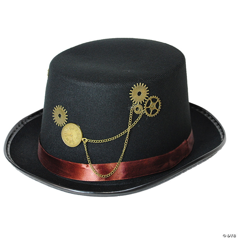 Adults Black Steampunk Hat with Red Hatband & Gold Chains Image
