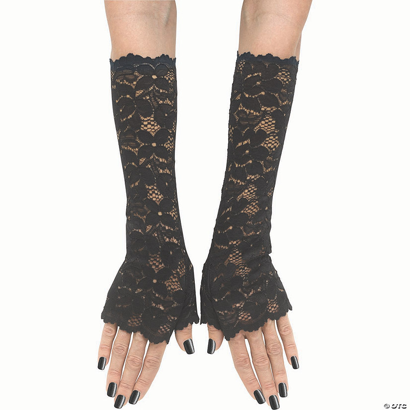 Adults Black Stretch Lace Long Fingerless Sleevelets Costume Accessory Image
