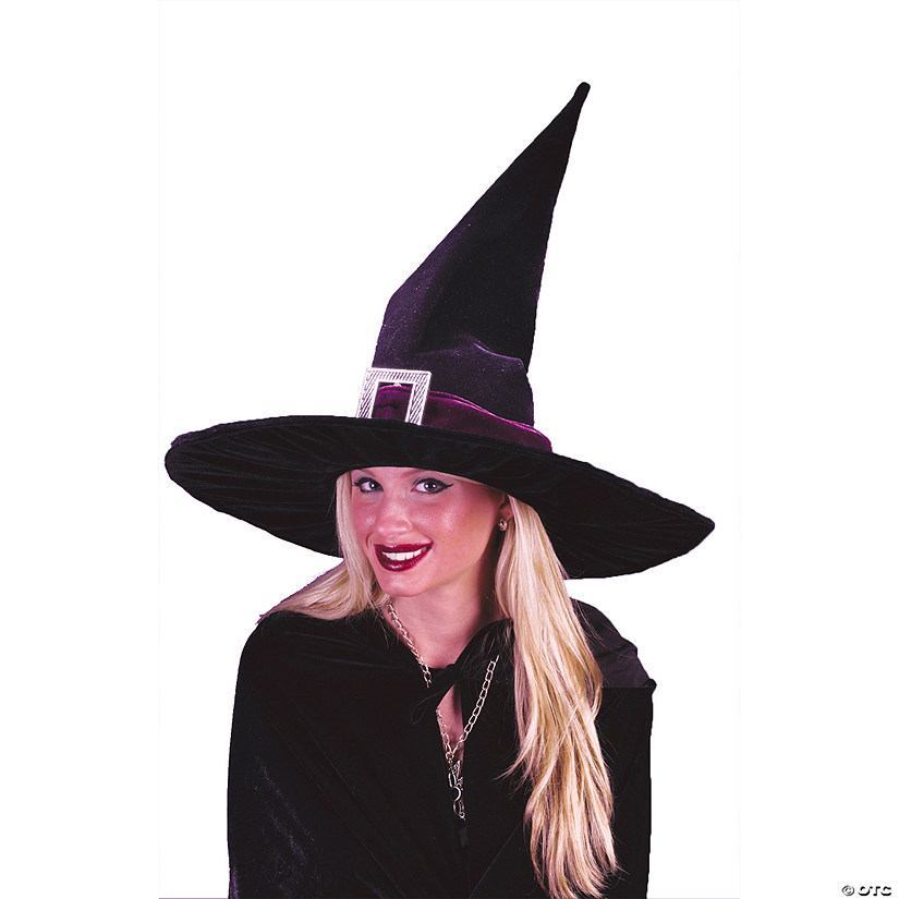 Adults Black Velour Witch Hat with Silver Buckle Image