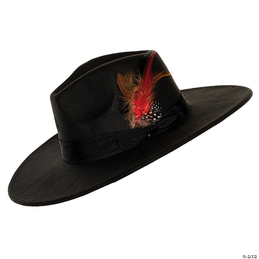 Adults Black Wide Brim Fedora Hat with Feather Image